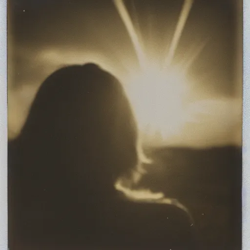 Prompt: an aged polaroid photo of a young woman seen from behind, the sun exploding in the sky, detailed clouds, high contrast, film grain, color bleed