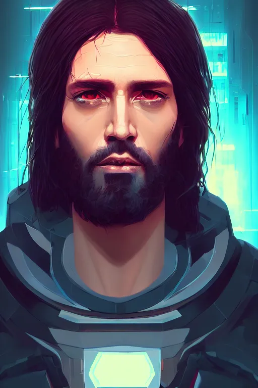 Prompt: « a portrait of a cyberpunk jesus, a character portrait by paul kelpe, reddit contest winner, sots art, ilya kuvshinov, 2 d game art, parallax »