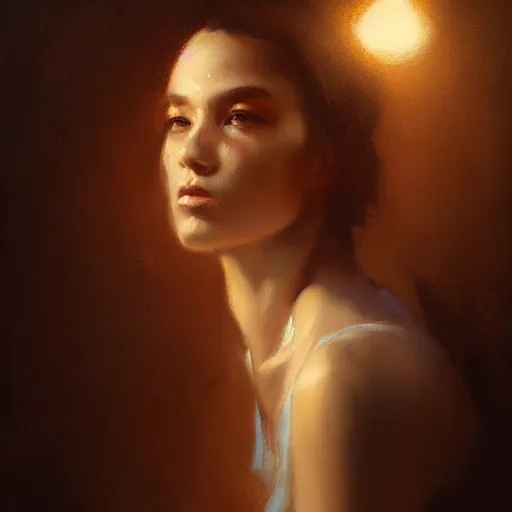 Prompt: a young woman dramatic lighting, chiaroscuro, high detail, painted by greg rutkowski, trending on artstation