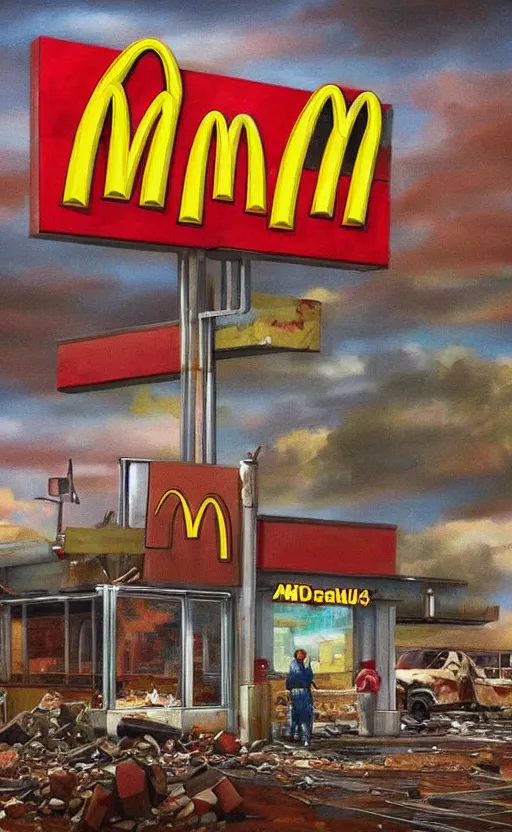 Image similar to amazing intricate painting of mcdonalds in an apocalypse. hd. hq. very detailed.