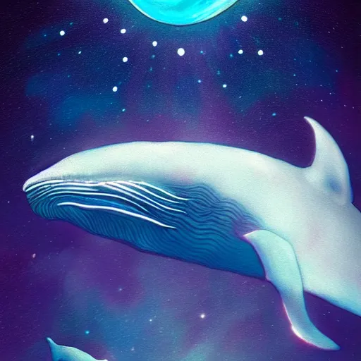 Prompt: portrait of whale swimming on a night sky, swimming across the universe, oniric, dreamy, beautiful, highly detailed, cinematic, trending on artstation