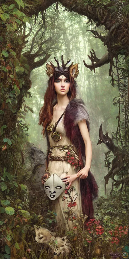 Prompt: hyper realistic Princess Mononoke wearing her mask, lush forest landscape, wolves, magic, castle, jewels, style of tom bagshaw, mucha, james gurney, norman rockwell, gems and gold, waterfalls, denoised, sharp,