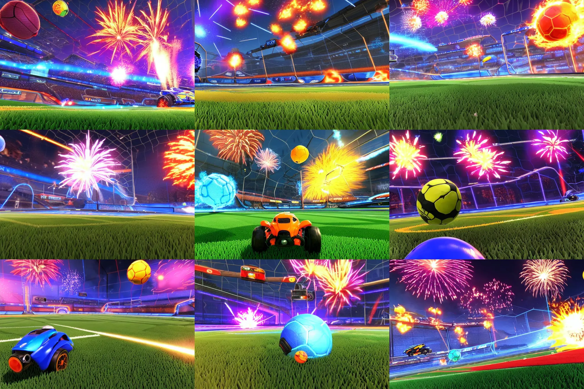 Prompt: rocket league explosion, ball bounce, epic angle, fireworks