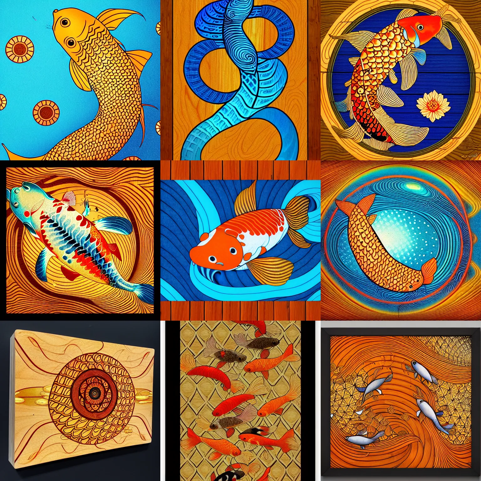 Prompt: koi fishes, fibonacci, golden ratio, sacred numbers, by audrey kawasaki, by loish, barbbara cannepa global illumination, cool colors, wood texture on top