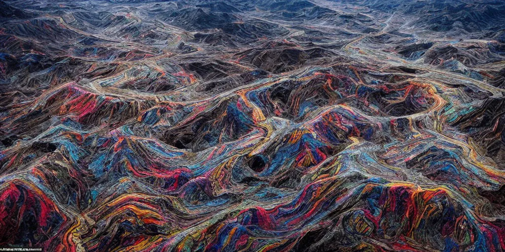 Prompt: landscape photography by edward burtynsky psychedelic, tall mountains, dramatic lighting, raining, colourful, stunning