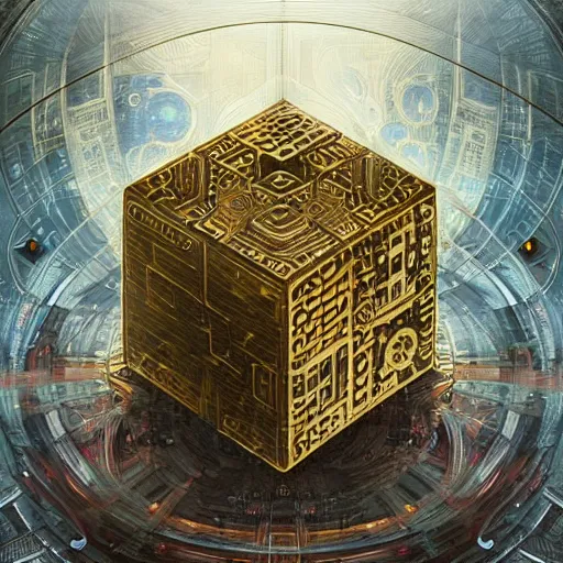 Prompt: hyper realistic golden quantum computer in the shape of a giant cube the size of a city in the middle of a Japanese city , art by artery and Greg Rutkowski and alphonse mucha, sci-fi, fantasy, intricate, ornate, very very intimidating , highly detailed, digital painting, artstation, concept art, smooth, sharp focus, illustration