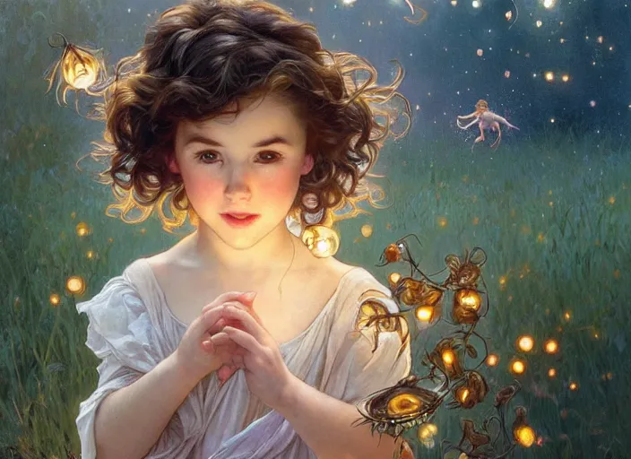 Image similar to A cute little girl with shoulder length curly brown hair and a cute little boy with short blonde hair dancing with fireflies, they are in the distance. beautiful fantasy art by By Artgerm and Greg Rutkowski and Alphonse Mucha, trending on artstation.