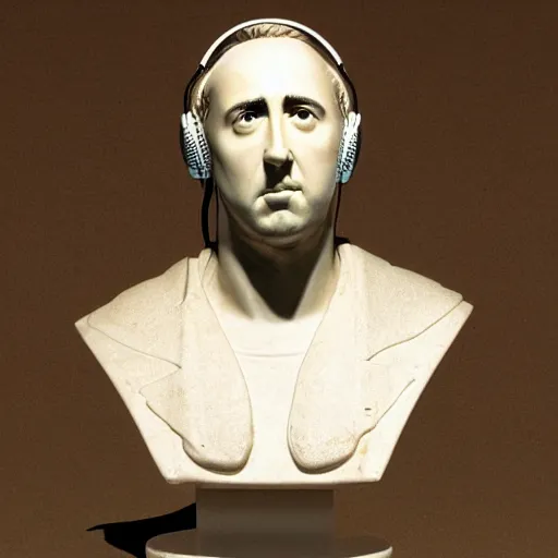 Image similar to a roman bust of Nicolas Cage wearing headphones listening to music, in the stule of vaporwave