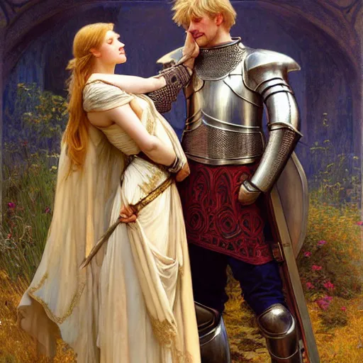 Image similar to attractive arthur pendragon and his favourite attractive male knight, they are in love, camelot, natural lighting, path traced, highly detailed, high quality, digital painting, by gaston bussiere and ross tran and j. c. leyendecker and alphonse mucha