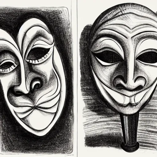 Prompt: an ink drawing of cracked comedy and tragedy theater masks, elaborate detail