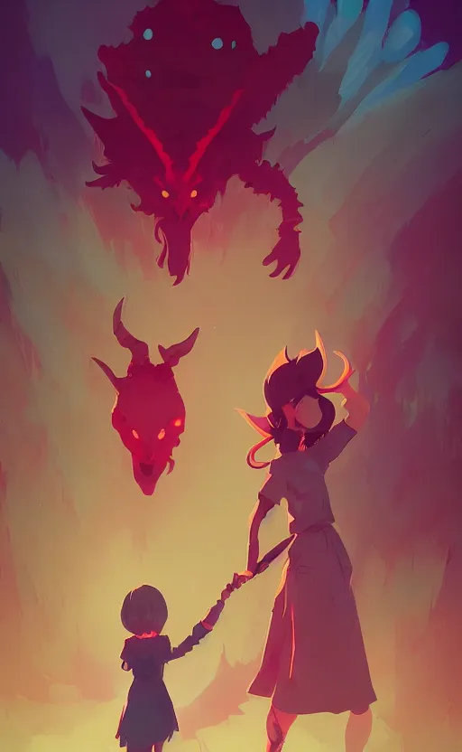 Prompt: a young girl holds hands with a demon, webtoon art by anton fadeev and ghibli and wlop