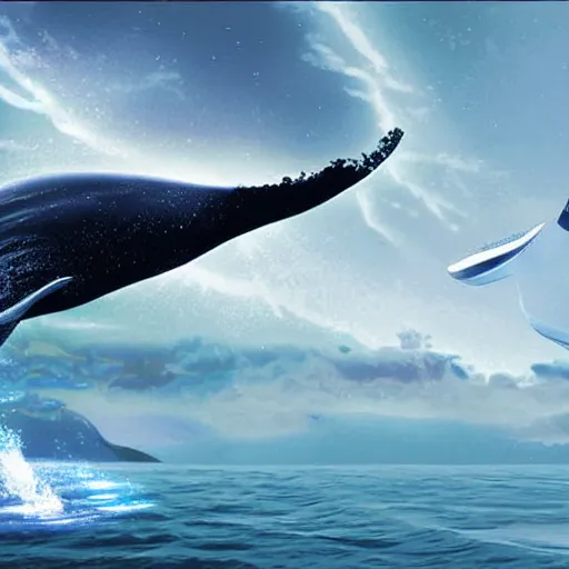 Prompt: a whale wistfully watching a spaceship fly away, sci-fi digital art illustration,