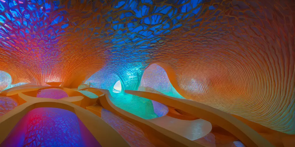 Image similar to extremely detailed awe stunning beautiful futuristic smooth curvilinear museum interior, translucent gills, hyper real, 8k, colorful, 3D cinematic volumetric light, atmospheric light