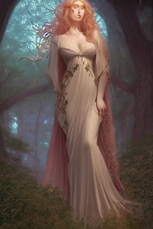 Image similar to Nocturne, glowing, stars, beautiful sly dryad, long blonde hair, highly detailed, mysterious, ethereal, autumn colored medieval gown, haute couture, illustration, dramatic lighting, soft details, painting, by Edmund Blair Leighton, Brom, Charlie Bowater, trending on artstation, faces by otto schmidt