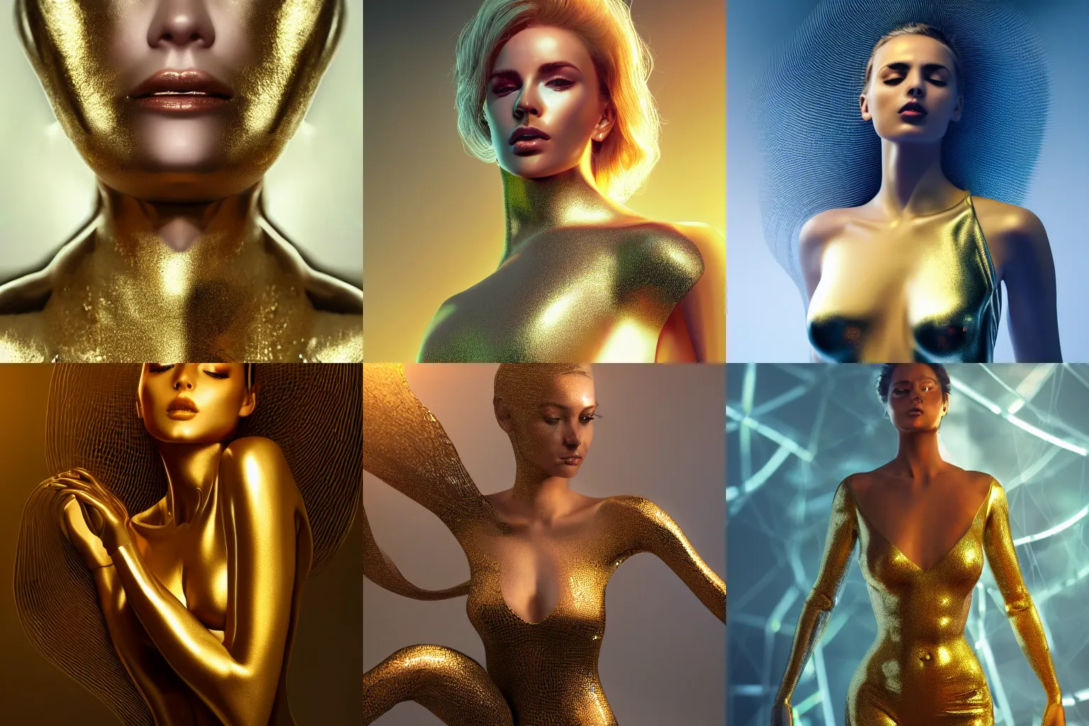 Prompt: a highly detailed digital image of a chrome elegantly posed futuristic woman beautifully intertwined in golden liquid like leaves shot, full body shot, by Andrew Chiampo, artstation, and Frederik Heyman, extremely detailed woman, stunning volumetric lighting, hyper realism, fantasy 4k
