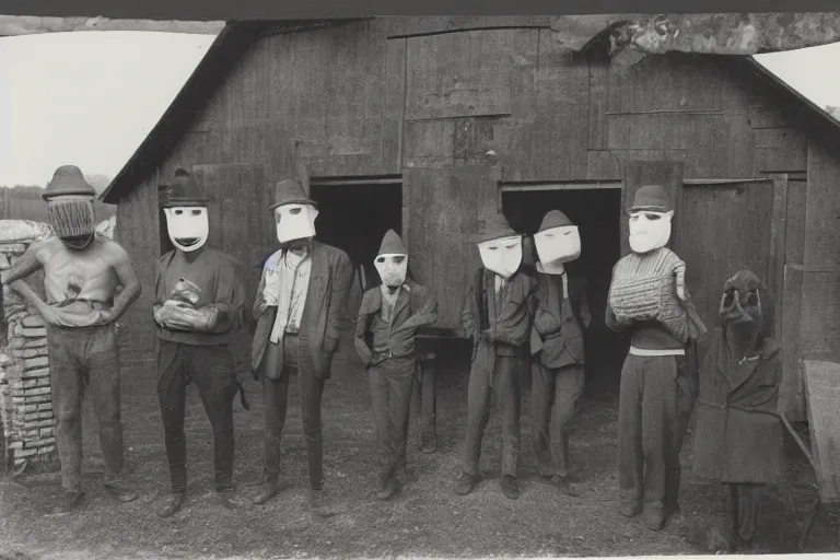 Image similar to vintage photo of villagers wearing weird masks outside a barn by hilla becher, eerie, bizarre, highly detailed shot, dramatic 8 k uhd