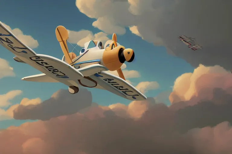 Image similar to a wholesome animation key shot of a cat looking a biplane! in the sky, medium shot, studio ghibli, pixar and disney animation, sharp, rendered in unreal engine 5, anime key art by greg rutkowski, bloom, dramatic lighting