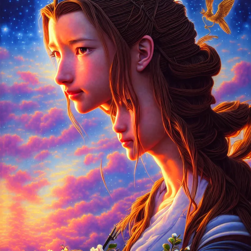 Prompt: a photorealistic detailed image of aerith gainsborough, science, divinity, utopian, triumphant, cinematic, epic, grandiose, moody, mathematics, futuristic, by jason felix, dan mumford, kinkade, lisa frank, wpa, public works mural, socialist