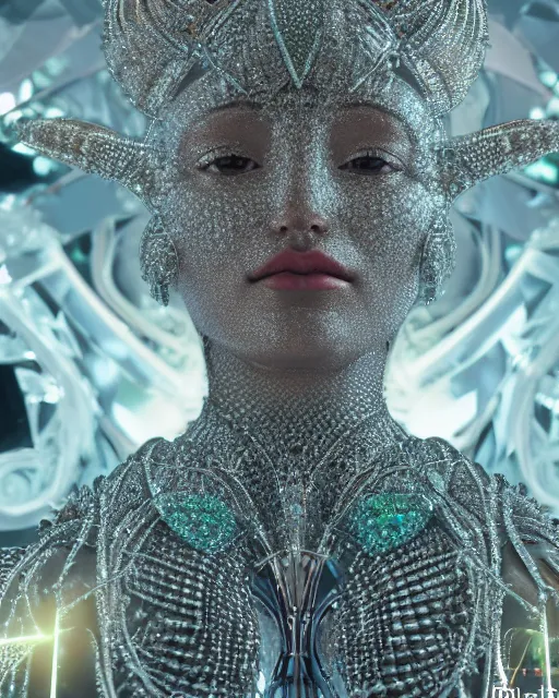 Image similar to a highly detailed metahuman 4 k close up render of an alien goddess bella hadid monument saint in iris van herpen dress schiaparelli in diamonds crystals swarovski and jewelry iridescent in style of alphonse mucha gustav klimt trending on artstation made in unreal engine 4