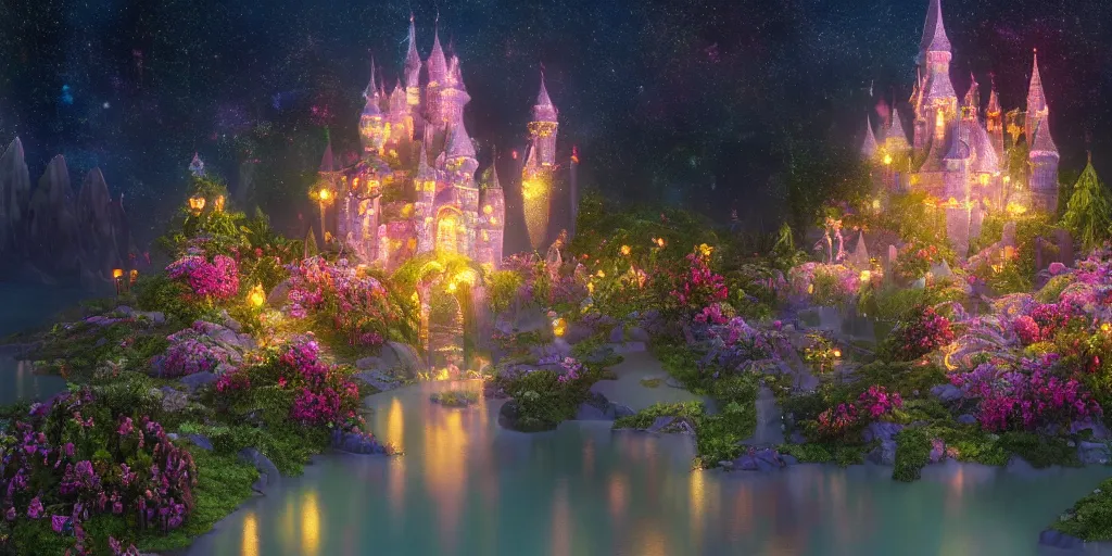 Image similar to a single glittering fairy castle at night, a full moon, water and colourful flowers, extremely detailed oil painting, unreal 5 render, fantasy digital art, octane render, beautiful composition, trending on artstation, award-winning photograph, masterpiece