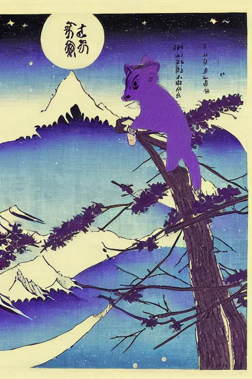 Image similar to purple raccoon in the stars in the style of Utagawa Hiroshige