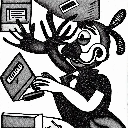Prompt: a black and white photograph of a man destroying a computer, in the style of gary baseman, robert crumb, jim henson, photorealistic, surreal, high contrast, film photography