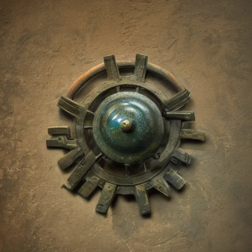 Prompt: a martian artifact in a museum, bronze, old, alien, verdigris, mechanical, gears