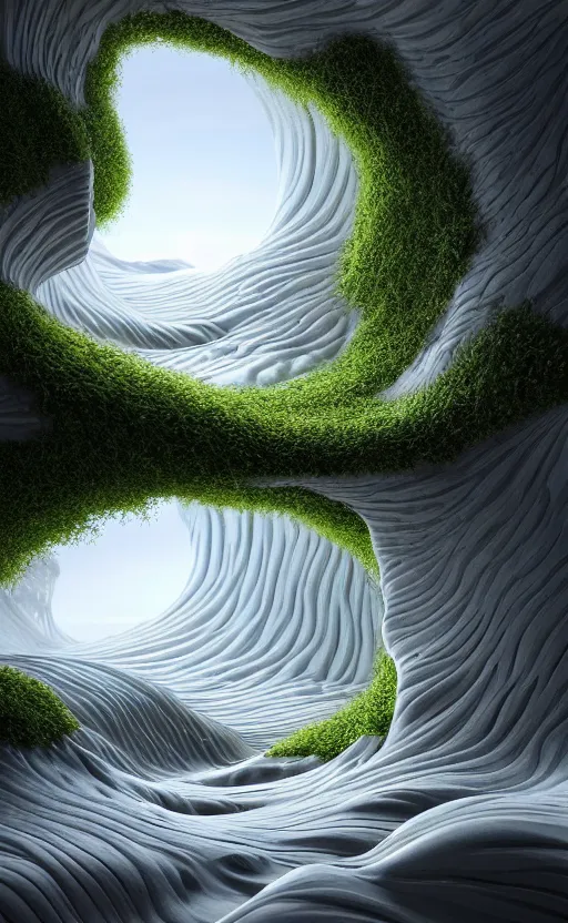 Image similar to highly detailed ultra sharp 3 d render cinematic composition of a smooth ceramic sand porcelain magnolia stone fluid fractal sci - fi surreal architecture landscape, white marble, magnesium, foliage, vincent callebaut composition, mamou - mani, archviz, beautiful lighting, 8 k, unreal engine, hdr, dof