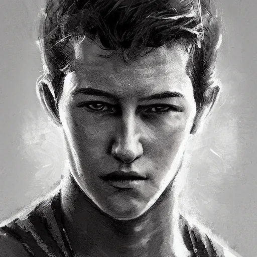 Image similar to portrait of a man by greg rutkowski, he looks like tye sheridan, he is about 2 0 years old, messy brown hair, tired eyes, he is wearing a black and white keblar superhero suit, highly detailed portrait, digital painting, artstation, concept art, smooth, sharp foccus ilustration, artstation hq