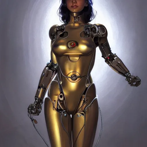 Image similar to fully body, stunningly beautiful woman cyborg robot in metal cable and wire by sorayama , highly detailed, digital painting, artstation, concept art, sharp focus, illustration, art by artgerm and greg rutkowski and art nouveau mucha