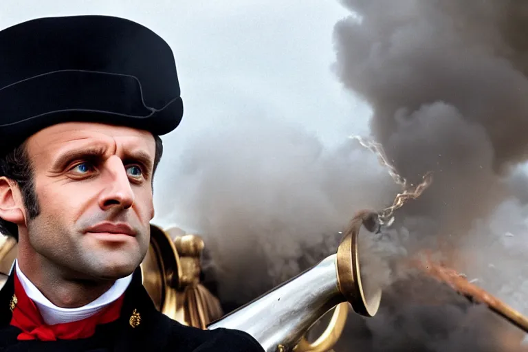 Prompt: closeup portrait of emmanuel macron dressed as napoleon firing a cannon at england, natural light, sharp, detailed face, magazine, press, photo, steve mccurry, david lazar, canon, nikon, focus