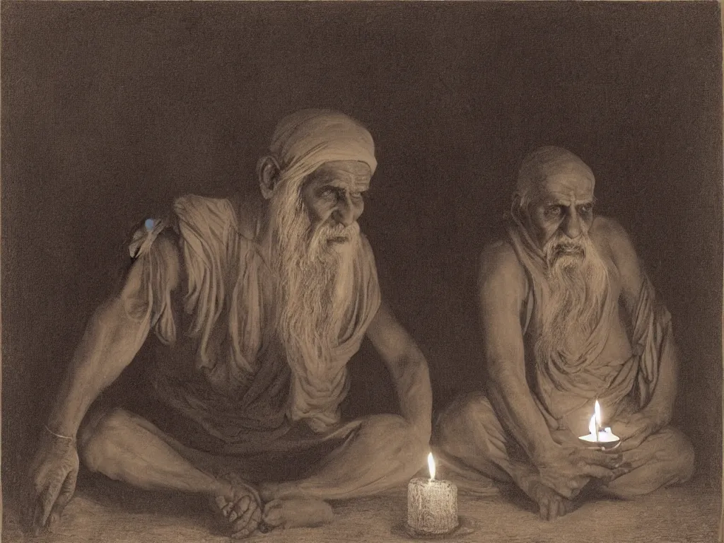 Prompt: Expressive portrait of an old Indian yogi. Candlelight. Painting by Gustave Dore, August Sander