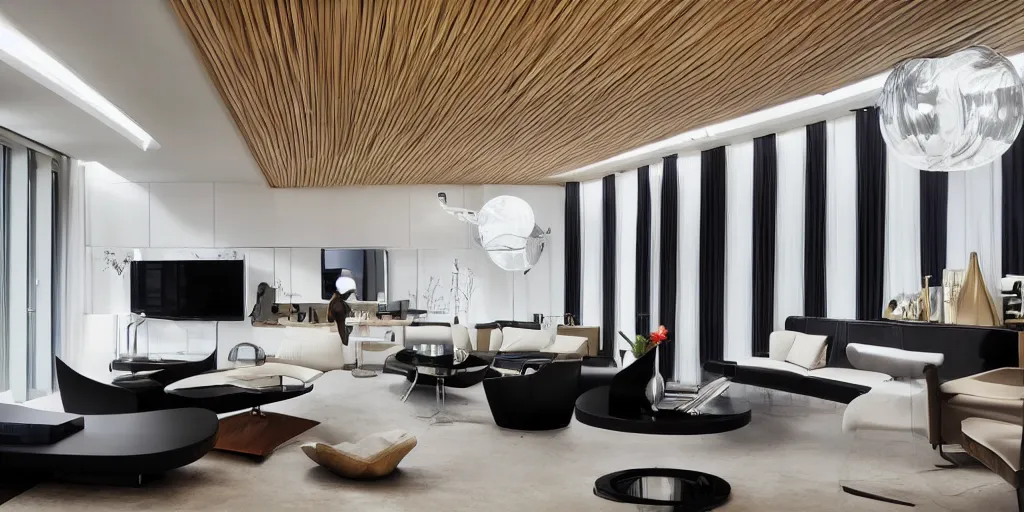 Prompt: living room designed by zaha hadid with wood paneling, metal structures, futuristic furniture, led lighting, minimalist interior design, modern architecture, photography