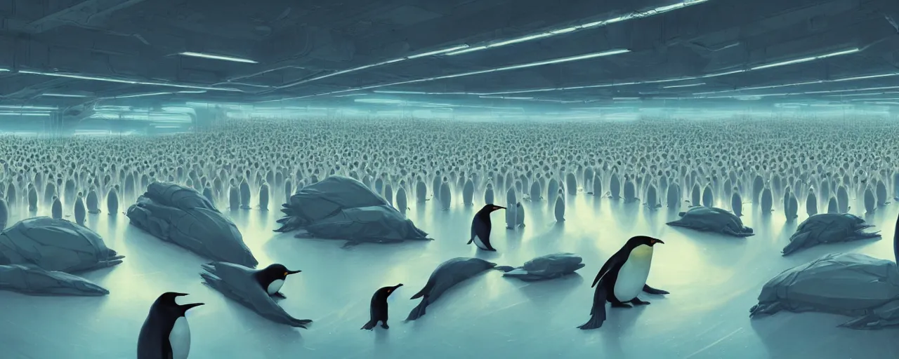 Image similar to duotone concept illustration of emperor penguins in scifi room full of computers. cinematic scene. volumetric lighting. golden ratio accidental renaissance. by sachin teng and sergey kolesov and ruan jia and heng z. graffiti art, scifi, fantasy, hyper detailed. octane render. concept art. trending on artstation