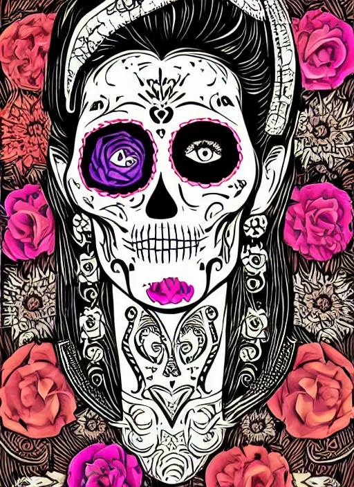 Prompt: dia de los muertos theme multicolor woodcut in the styles of artemio rodriguez, lisa brawn, and gustave bauman, intricate, hyperrealistic, accurate facial details, profile picture, line art, vector graphic
