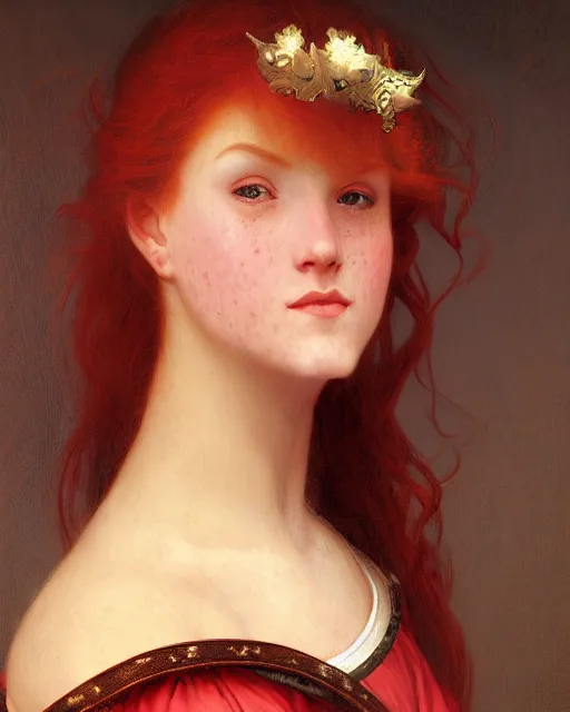 Image similar to fantasy portrait of a happy young women looking with red hair and freckles, slight smile, renaissance colorful dress, leather armor, music instrument in hand, backlit, digital painting by William-Adolphe Bouguereau and and boris vallejo, trending on Artstation, sfw