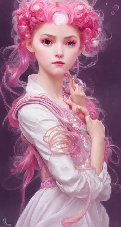 Prompt: dream portrait of magical lolita girl, dreamy and ethereal, expressive pose, big pink eyes, exciting expression, fantasy, intricate, elegant, many rainbow bubbles, rose tones, highly detailed, digital painting, artstation, concept art,cyberpunk wearing, smooth, sharp focus, illustration, art by artgerm and greg rutkowskiand alphonse mucha,