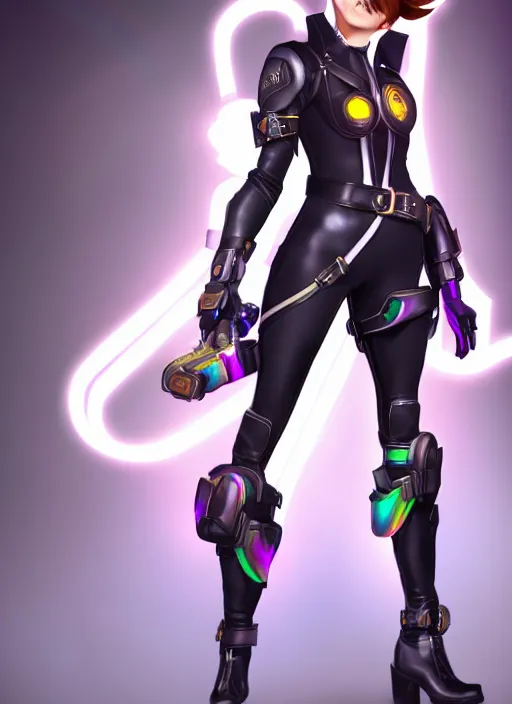 Image similar to full body digital artwork of tracer overwatch, wearing black iridescent rainbow latex, 4 k, expressive happy smug expression, makeup, in style of mark arian, wearing detailed black leather collar, wearing sleek armor, black leather harness, detailed face and eyes,