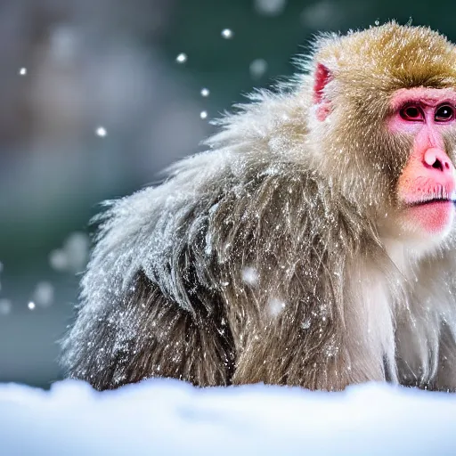 Image similar to portrait of snow monkeys, highly detailed, snow flurry, cold, steamy, ultrarealistic, 8K, UE5