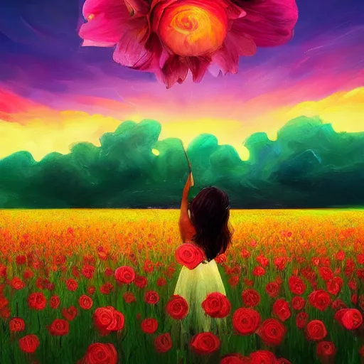 Image similar to giant rose flower head, full body girl standing in a flower field, surreal photography, sunrise, dramatic light, impressionist painting, colorful clouds, digital painting, artstation, simon stalenhag