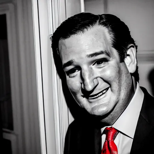 Image similar to Ted Cruz with a wide grin peaking through a door, black and white, creepy lighting, scary, horror, ornate, eerie, fear