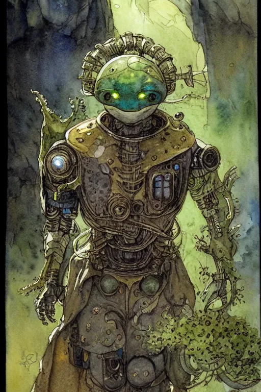 Prompt: a realistic and atmospheric watercolour fantasy character concept art portrait of a mechanized android turtle as a druidic warrior wizard looking at the camera with an intelligent gaze, very muted colors, by rebecca guay, michael kaluta, charles vess and jean moebius giraud