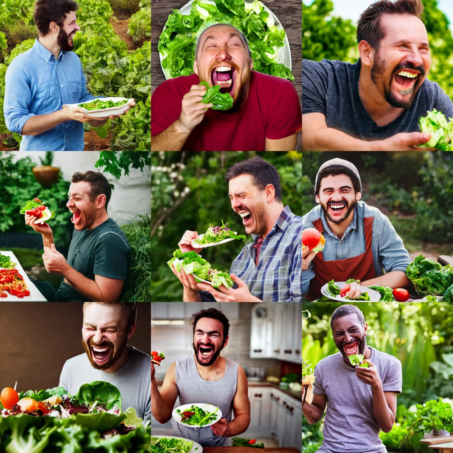 Prompt: man laughing at salad, realistic photography, 4 k hd