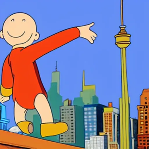 Image similar to curious george caillou cartoon in the big city. new york city concrete jungle.