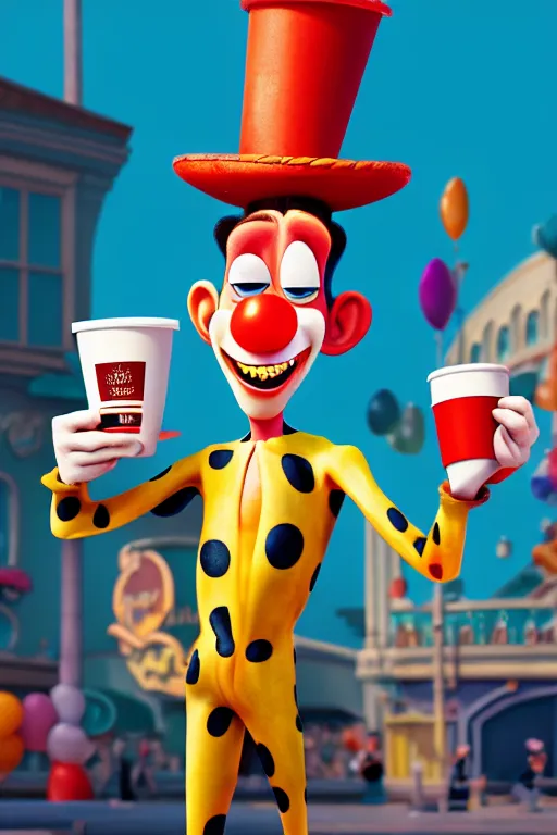 Prompt: portrait of a clown holding a cup of coffee with the circus in background, full body. pixar disney 4 k 3 d render funny animation movie oscar winning trending on artstation and behance. ratatouille style.