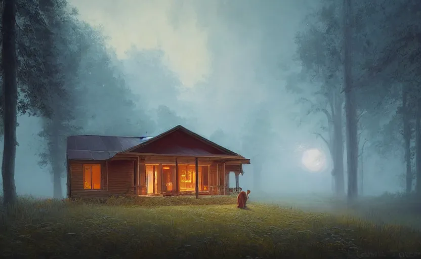 Image similar to a highly detailed epic cinematic concept art CG render digital painting artwork: small family cabin House, modern archetecture, excessove vegetation, foggy, dreamy, golden hour sunset By Greg Rutkowski, in the style of Francis Bacon and Syd Mead and Norman Rockwell and Beksinski, open ceiling, highly detailed, painted by Francis Bacon and Edward Hopper, painted by James Gilleard, surrealism, airbrush, Ilya Kuvshinov, WLOP, Stanley Artgerm, very coherent, triadic color scheme, art by Takato Yamamoto and James Jean