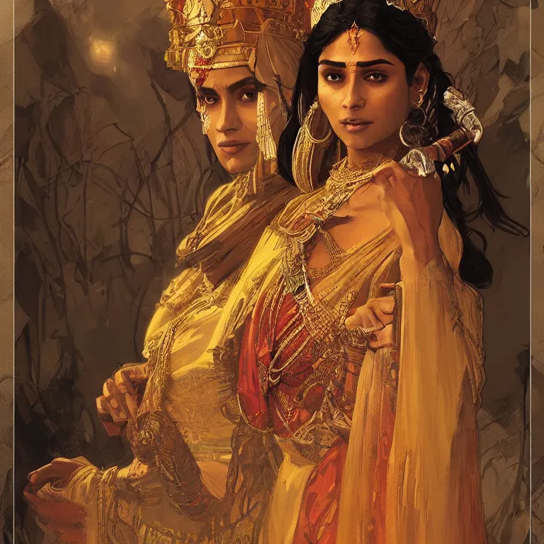 Prompt: portrait of an indian queen, D&D, fantasy, highly detailed, digital painting, artstation, concept art, smooth, sharp focus, illustration, art by greg rutkowski and alphonse mucha and Marta Dahlig