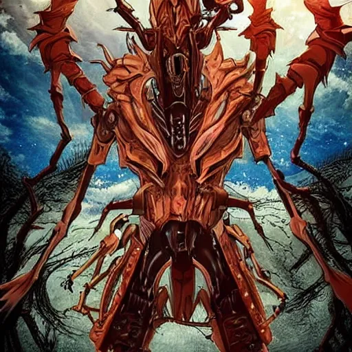 Image similar to sci - fi anime exoskeleton creature fighting the ancient tree god on a vast desert island, cinematic, high fantasy, maximalist, epic