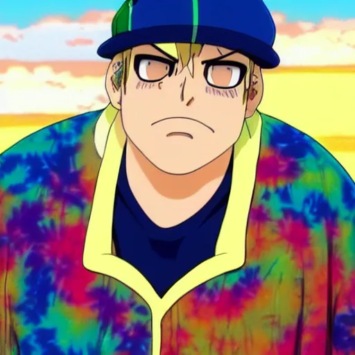 Image similar to A still of Jonah Hill with blonde hair wearing a tie dye t-shirt and a hat in One Piece Anime Series