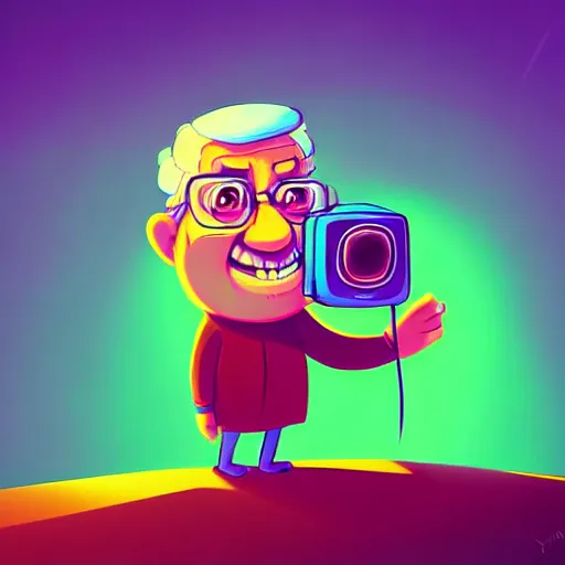 Image similar to curled perspective digital art of a cute smiling grandpa cartoon character with a photo camera by anton fadeev